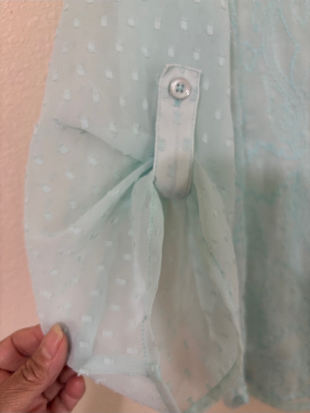 Chico's Mint Blue Aqua Pintuck  Sheer Blouse Embroidery Swiss Dot Size 3 (XL/16) - Picture 6 of 14